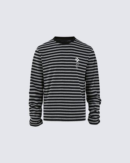 Subculture Cross Embroidered Striped Long Sleeve