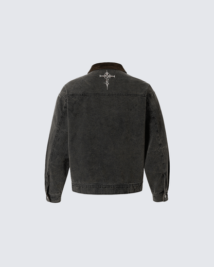 Washed Denim Graffiti Jacket with Contrast Collar