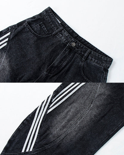 Striped Panel Washed Denim Pants