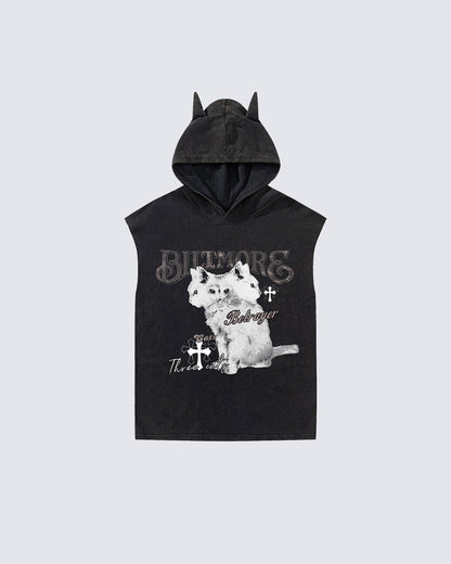 Vintage Cat Graphic Bat Sleeve Vest Hoodie