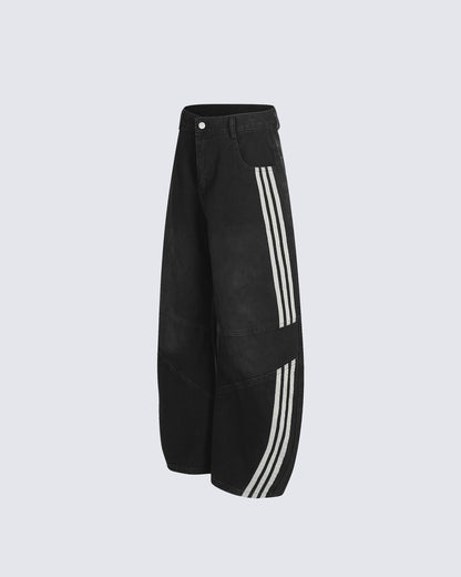 Striped Panel Wide-Leg Denim Pants