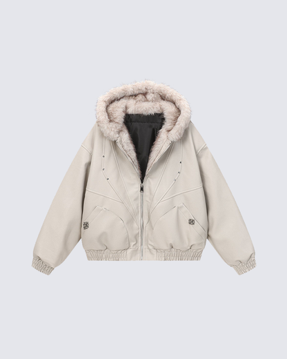 Faux Leather Hooded Jacket with Fur Trim