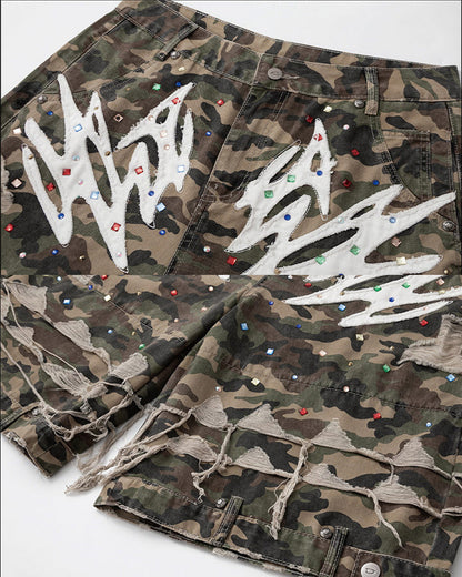 Camo Print Distressed Cargo Shorts