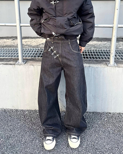 Minimal Buckle Wide-Leg Denim Pants