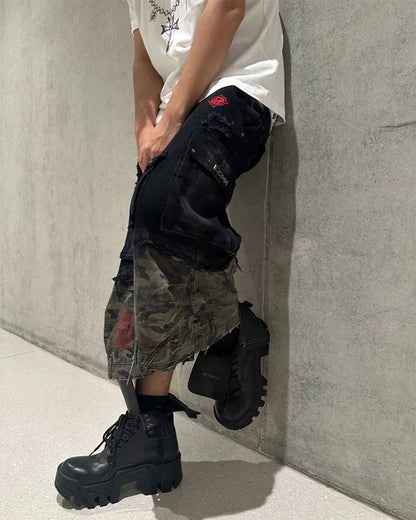 New Patchwork Camo Denim Cargo Shorts