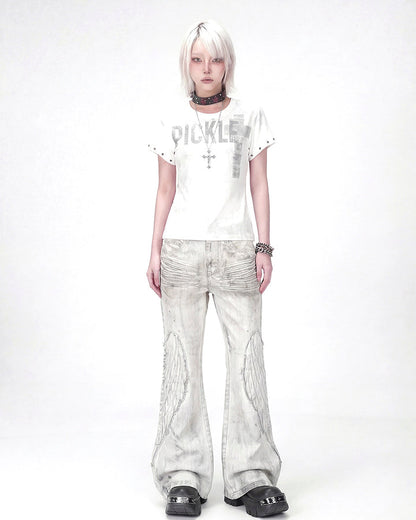 Angel Wing Print Distressed Wide-Legged Jeans