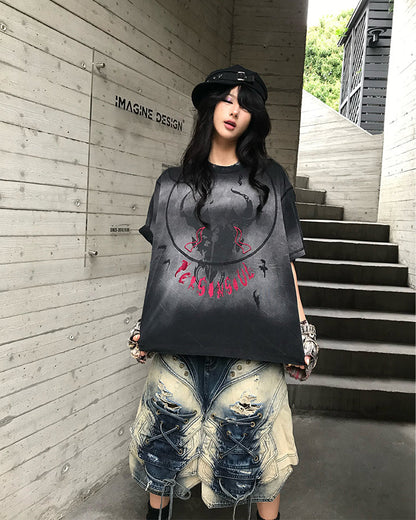 Dark Washed Distressed Graphic Short Sleeve T-Shirt