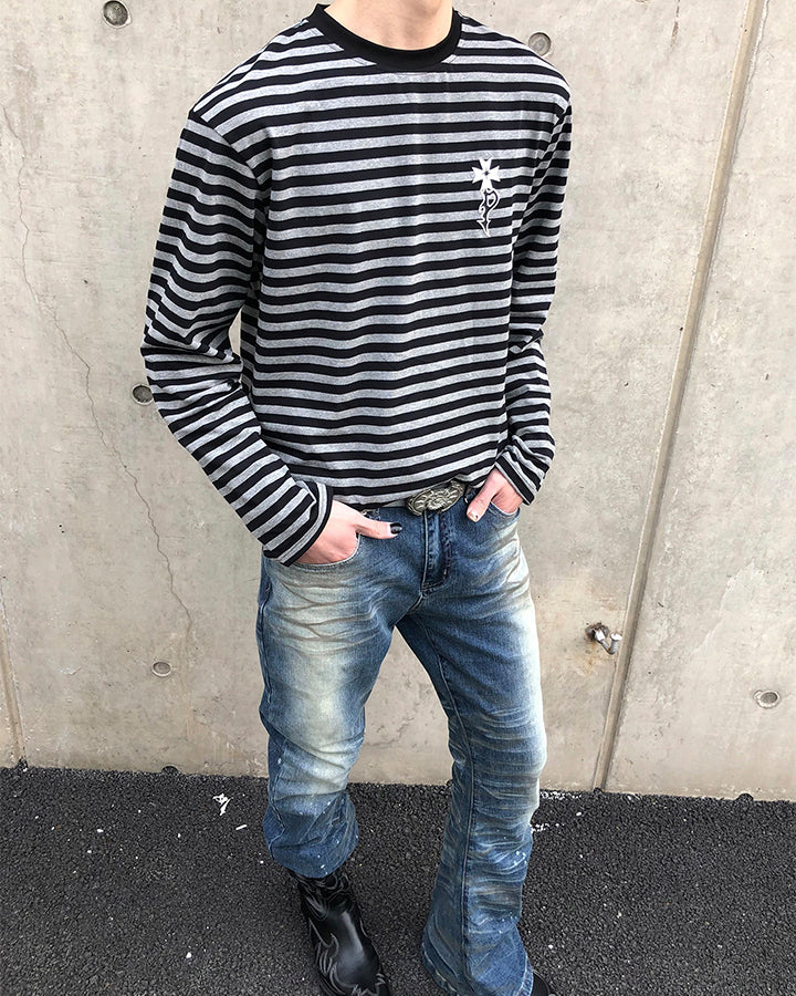 Subculture Cross Embroidered Striped Long Sleeve