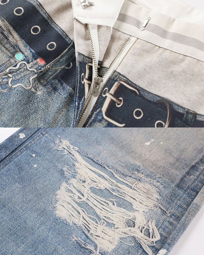 American 3D Digital Print Double Waistband Jeans