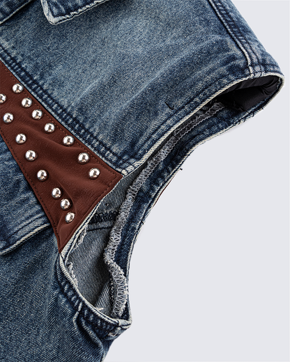 Leather Patch Studded Denim Vest
