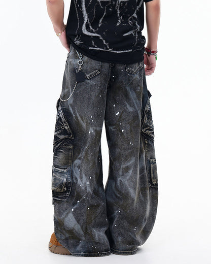 Heavy Washed Ink-Splatter Deconstructed Denim Jeans