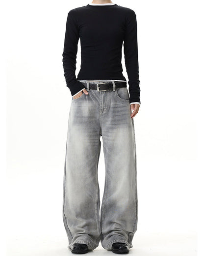 Heavy Washed Spray Vintage Wide Leg Jeans
