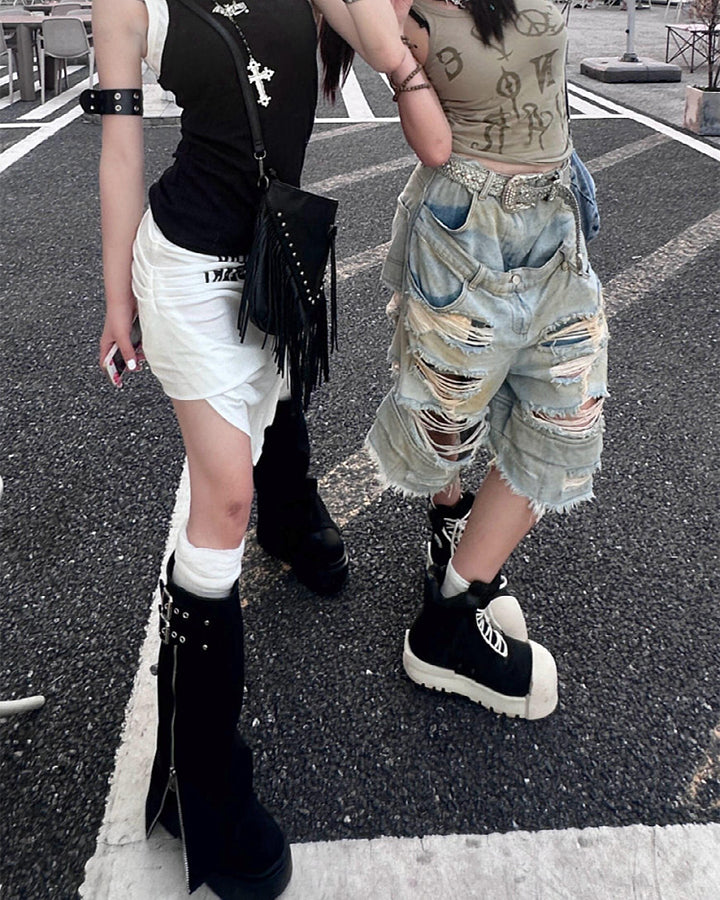 Layered Distressed Raw Hem Denim Shorts