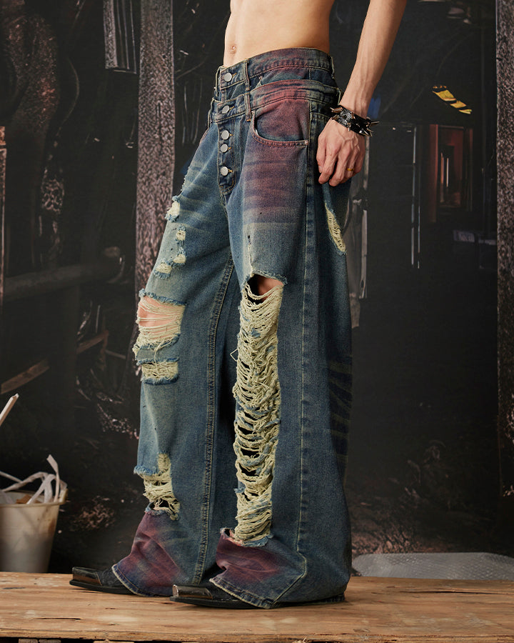 New Double Waist Spray Distressed Jeans