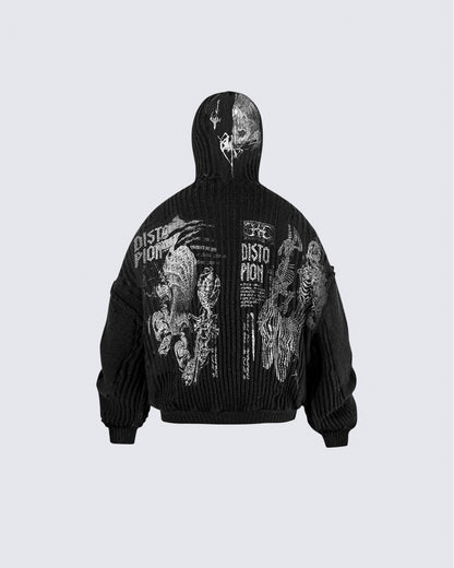 Punk Graphic Distressed Knit Hoodie