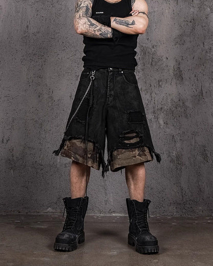 Distressed Bleached Patchwork Denim Shorts