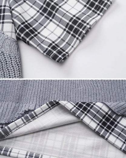 Patchwork Distressed Plaid Layered Knit T-Shirt