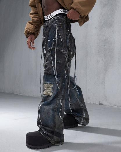 Paint Splatter Cargo Wide Leg Denim Pants