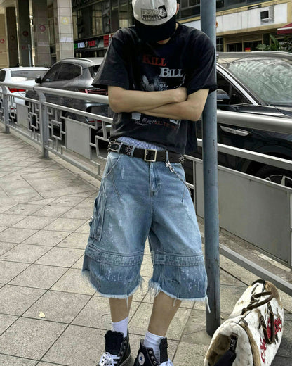 Vintage Washed Cargo Five-Length Denim Shorts