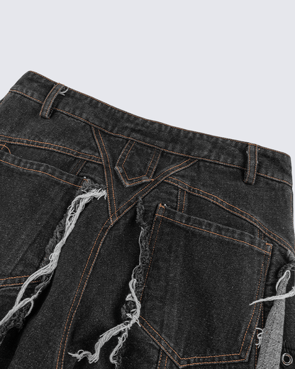 Frayed Patchwork Wide-Leg Denim Pants