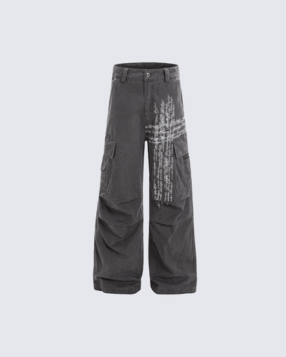 Cross Letter Print Wide-Leg Cargo Pants