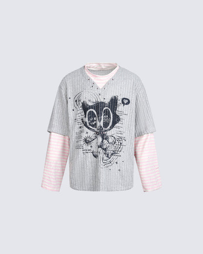 Layered Graphic Ribbed Long Sleeve T-Shirt
