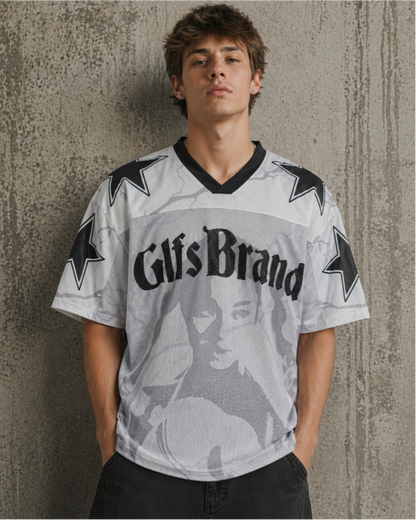 Vintage Mesh Portrait Graphic V-Neck Jersey Tee