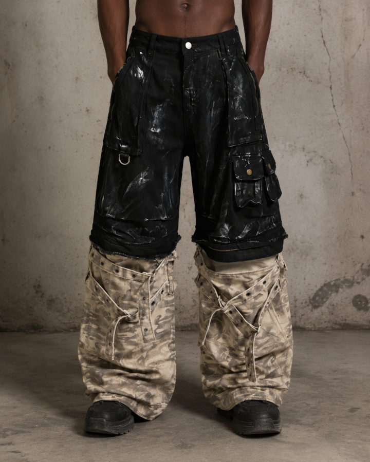 Retro Two-Tone Patchwork Split-Pocket Pants