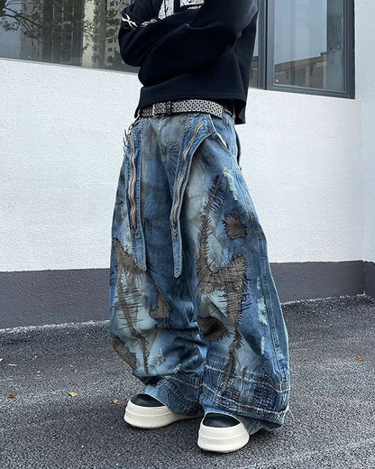 Heavy Stitch Patchwork Wide-Leg Jeans