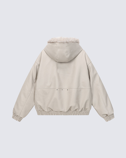 Faux Leather Hooded Jacket with Fur Trim