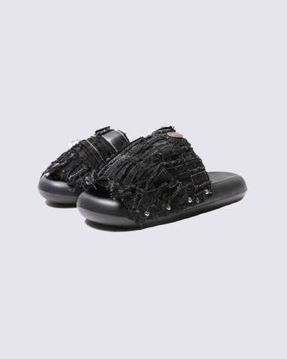 New Black Frayed Denim Platform Slides