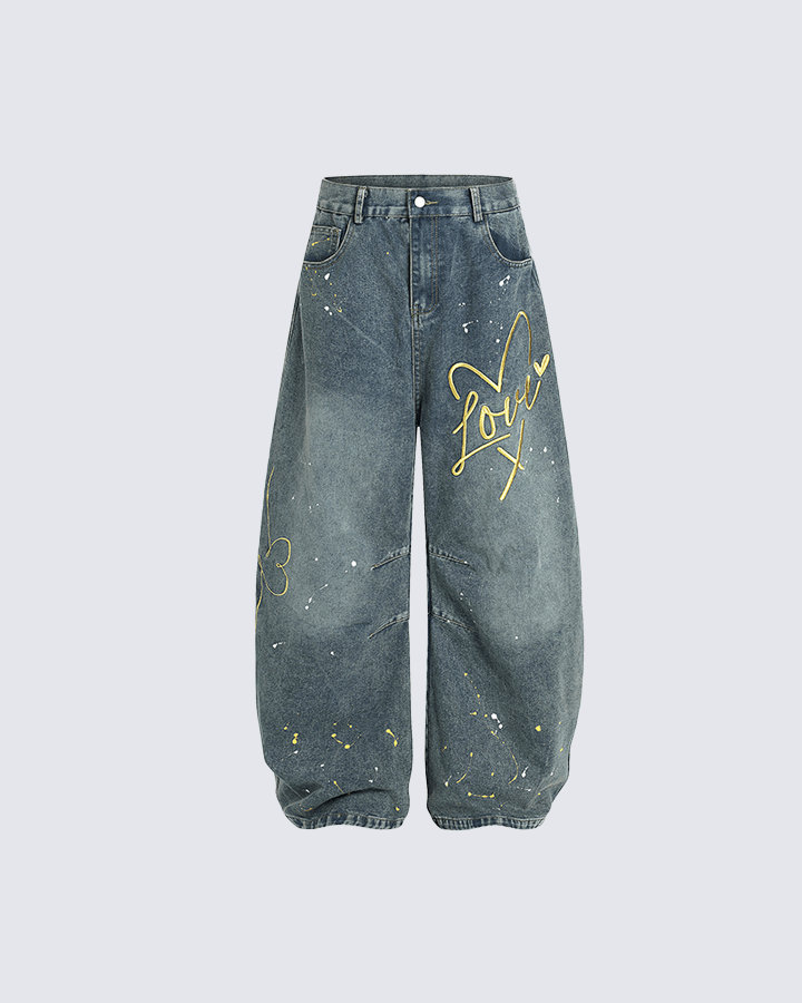 Graffiti Print Elastic Cuff Baggy Jeans