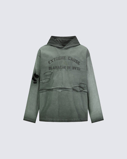 Retro Letter Distressed Hooded Sweatshirt