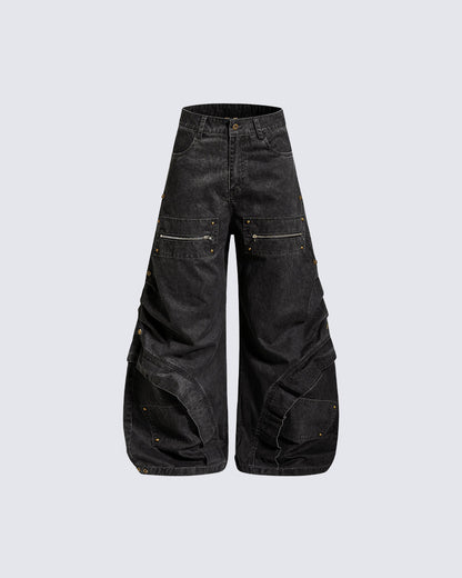 Spliced Metal-Detail Scimitar Denim Pants
