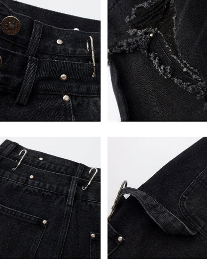 Double-Waist Heavy Patchwork Denim Pants