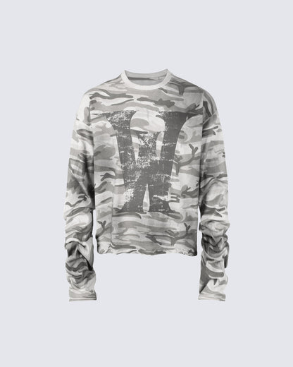 Vintage Distressed Camo Print Long Sleeve T-shirt