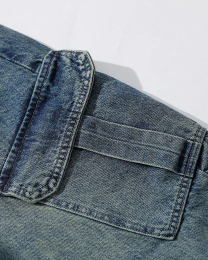 Retro Letter Print Wide-Leg Cargo Jeans