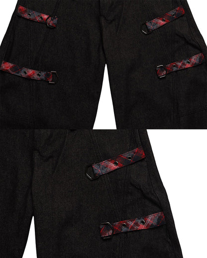 American Retro Plaid Patchwork Denim Pants
