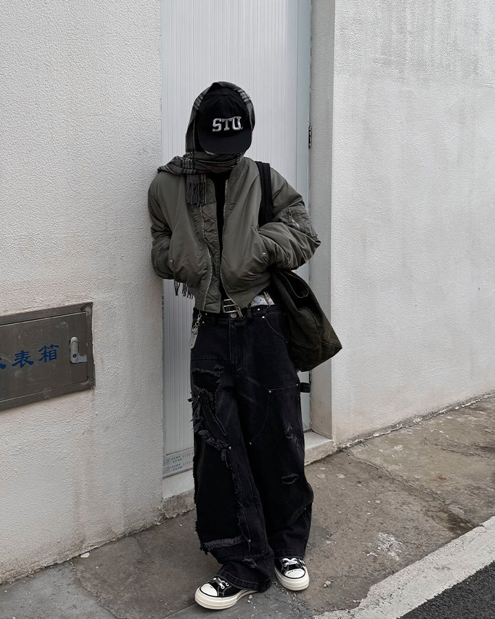 Double-Waist Heavy Patchwork Denim Pants