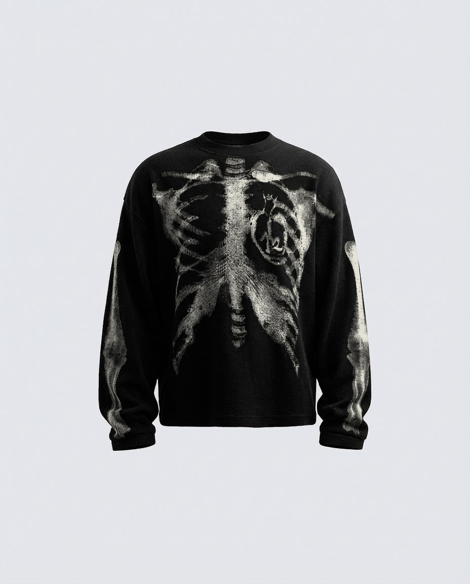 KIIKIO Skull Print Waffle Long Sleeve T-Shirt