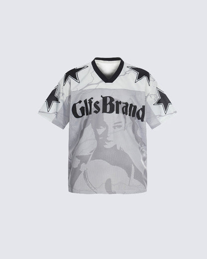 Vintage Mesh Portrait Graphic V-Neck Jersey Tee