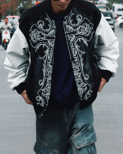 Gothic Cross Embroidered Faux Leather Varsity Jacket