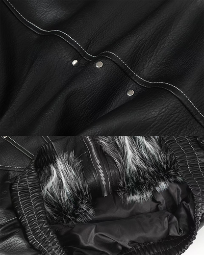 Faux Leather Hooded Jacket with Fur Trim