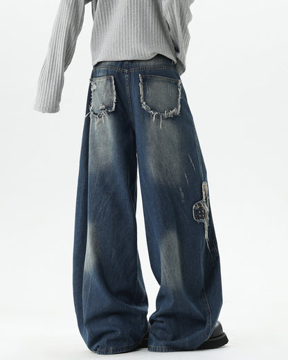 European-American Retro Studded Wide Jeans