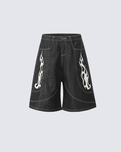 Flame Panel Seven-Length Denim Shorts