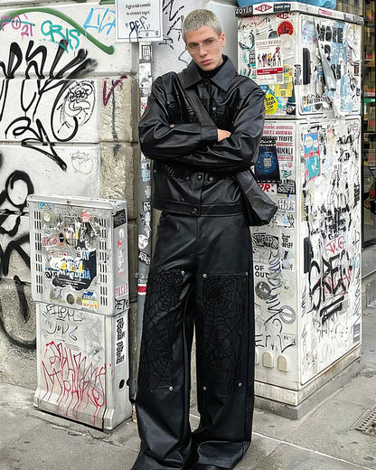 Faux Leather Jacket with Spiderweb Panels