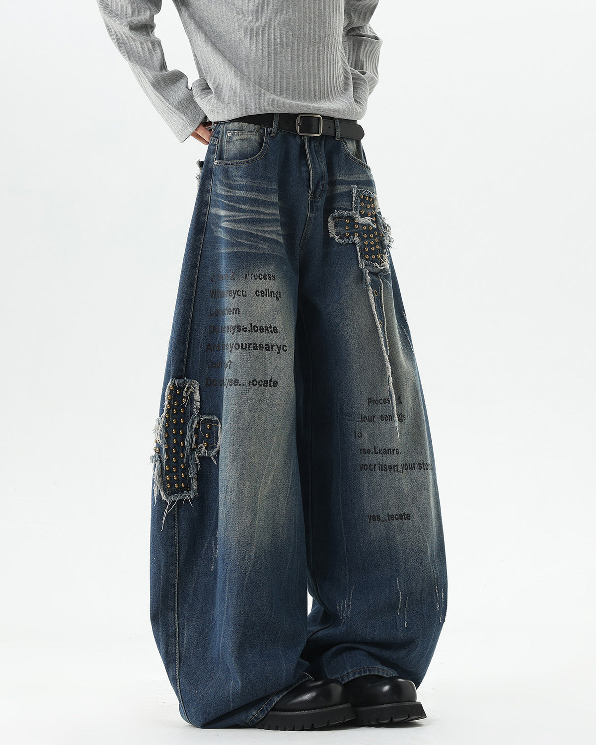 European-American Retro Studded Wide Jeans