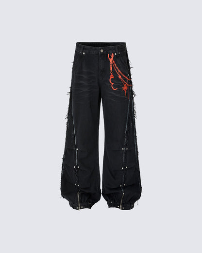 Vintage Embroidered Straight-Leg Denim Pants
