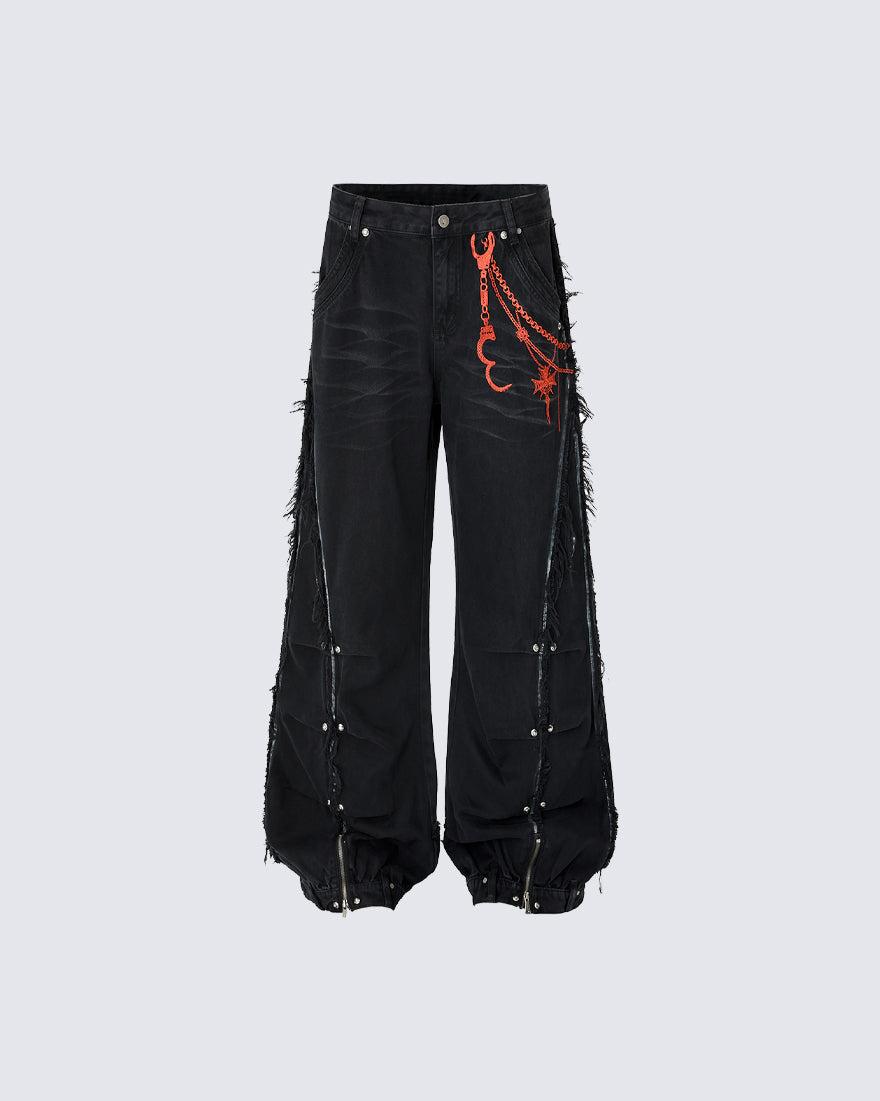 Vintage Embroidered Straight-Leg Denim Pants