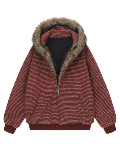 High-Street Striped Loose Hooded Sweatshirt